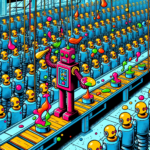 dall·e-2023-10-16-21.49.42-comic-illustration-of-a-bustling-factory-with-numerous-identical-robots-on-an-assembly-line.-one-robot-in-vibrant-colors-stands-out-as-it-paints-its-2-1.png